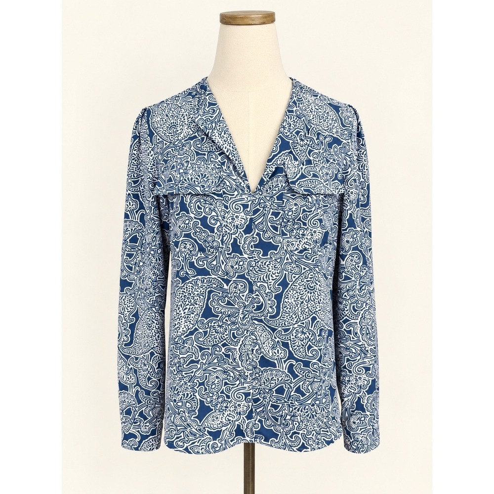 Jones New York Paisley Print Blue White V-Neck Long Sleeve Pocket Blouse XS